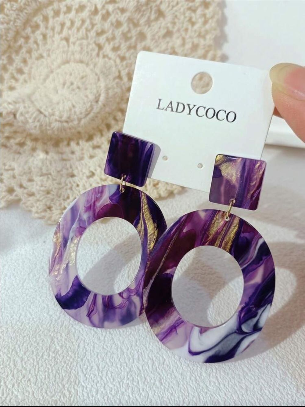 Purple Marbled Hoop Drop Earrings